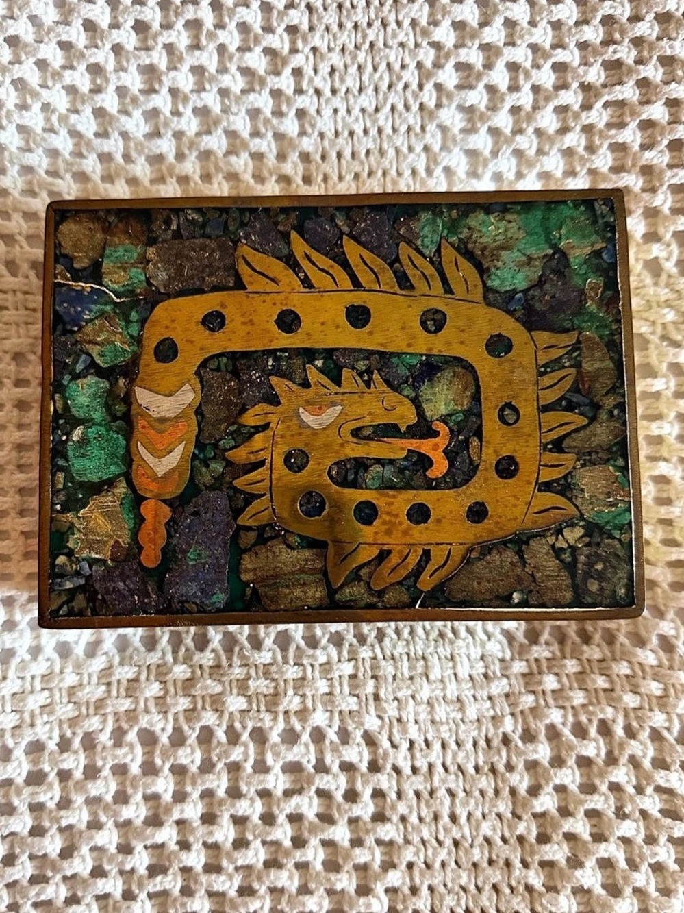Aztec/ Mesoamerican Plumed Serpant Quatzacoatl Brass & Mexican Rosewood MCM Box